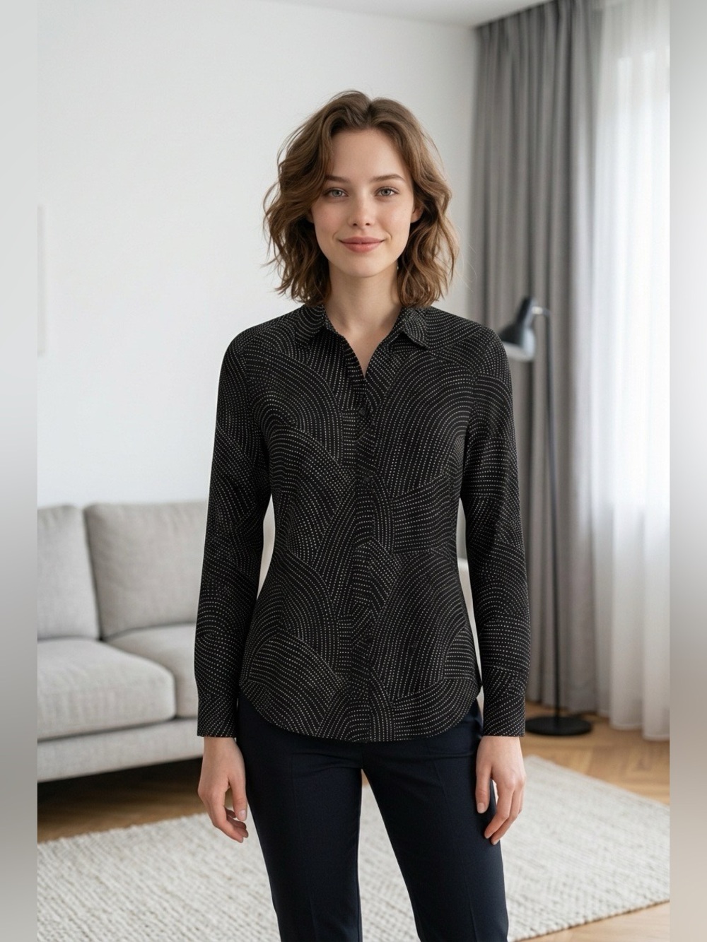 Equipment Femme Navy/White Silk Shirt, Size L